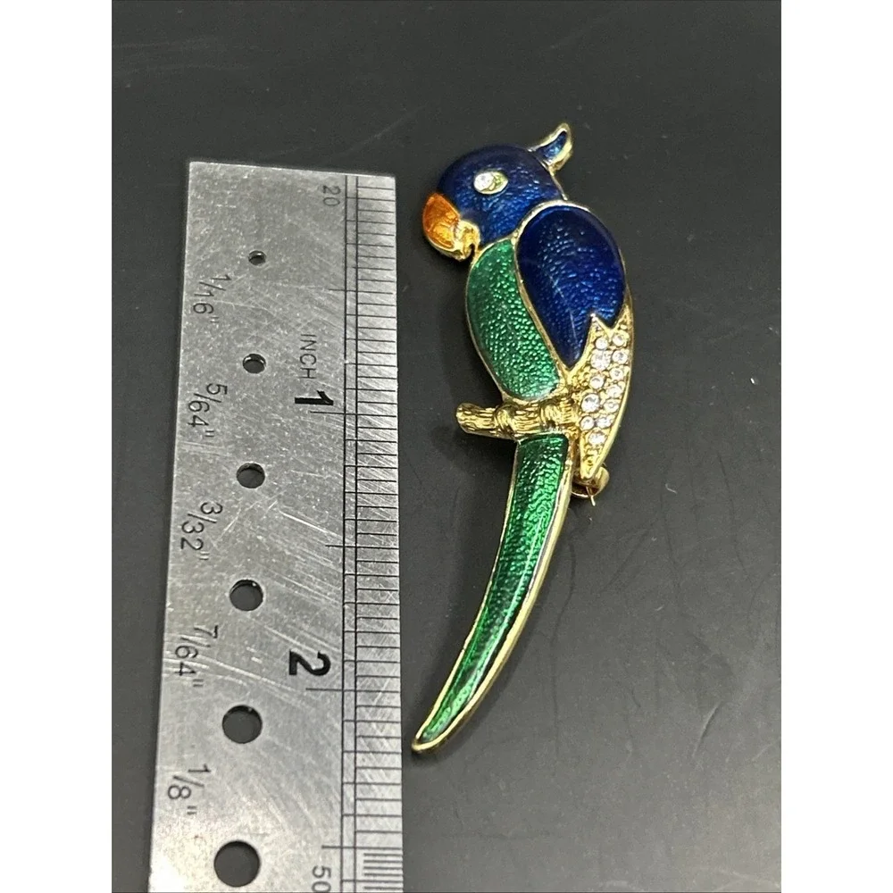 Vtg Enameled & Rhinestone Crystal Parrot Brooch Bird Pin Figural Blue Green